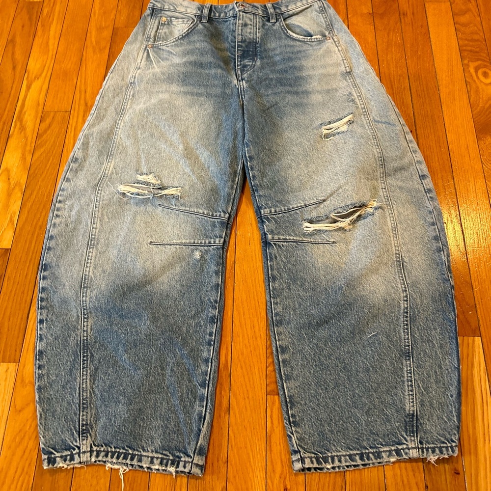 We The Free Lucky You Mid Rise Barrel Wide Leg Denim Blue Jeans Sz 28 Ripped